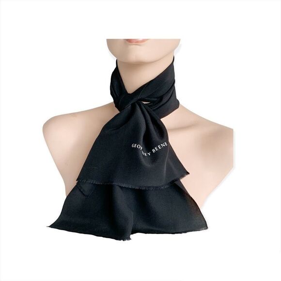 Geoffrey Beene vintage black silk scarf with white logo fringe 11" x 46" mint - Picture 1 of 6